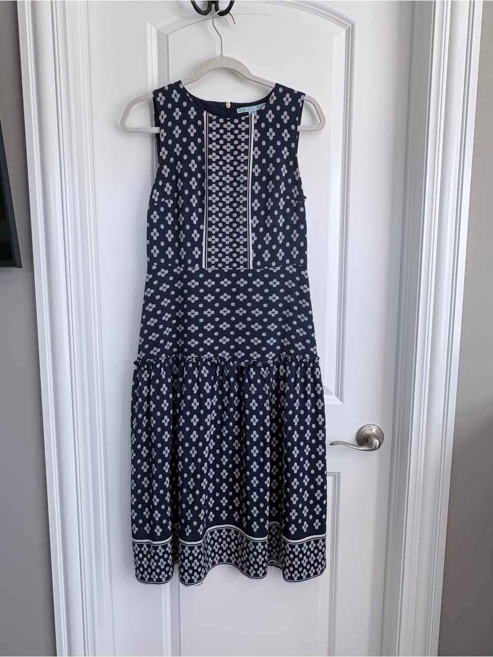 Draper James Navy & White Sleeveless Midi Dress with Border Print
